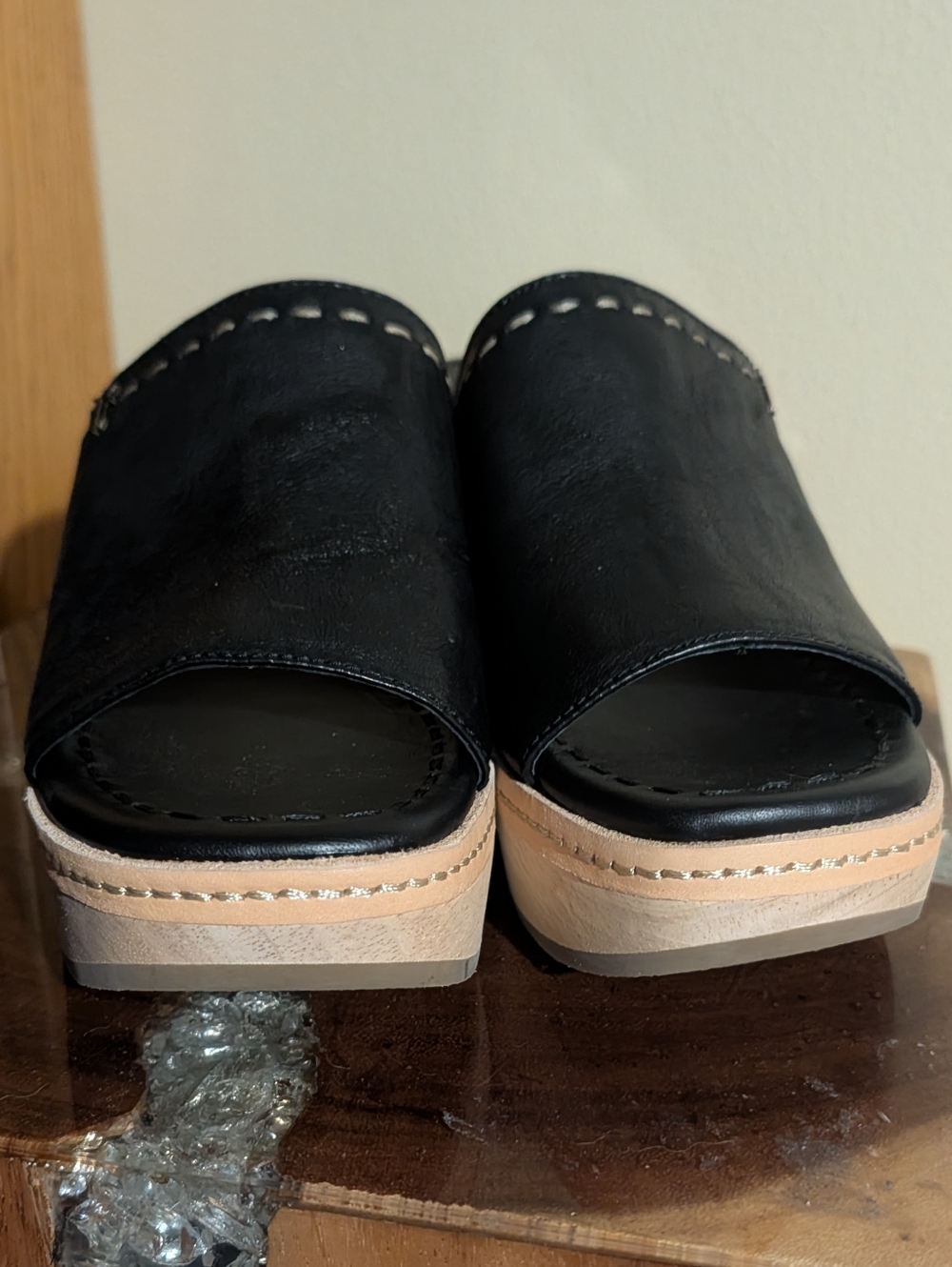 Frye Hazel 2 Platform Slides sz 8 in Black Leather & Natural Wood - Picture 10 of 16
